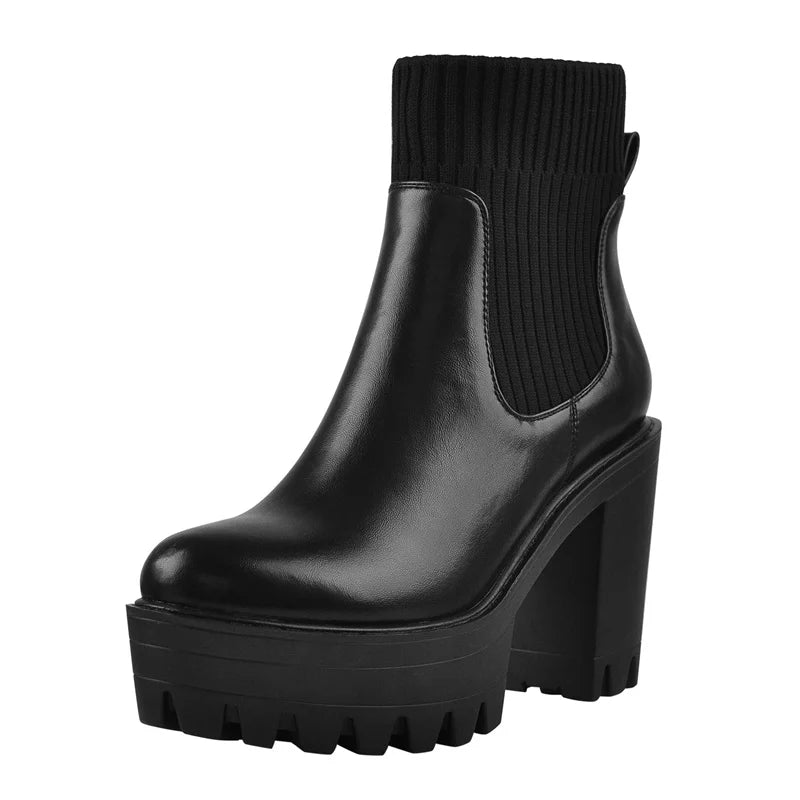 Women Slip-On Ankle Boots Platform Chunky High Heel Matte Black Soft PU Leather Sock Patchwork Boots