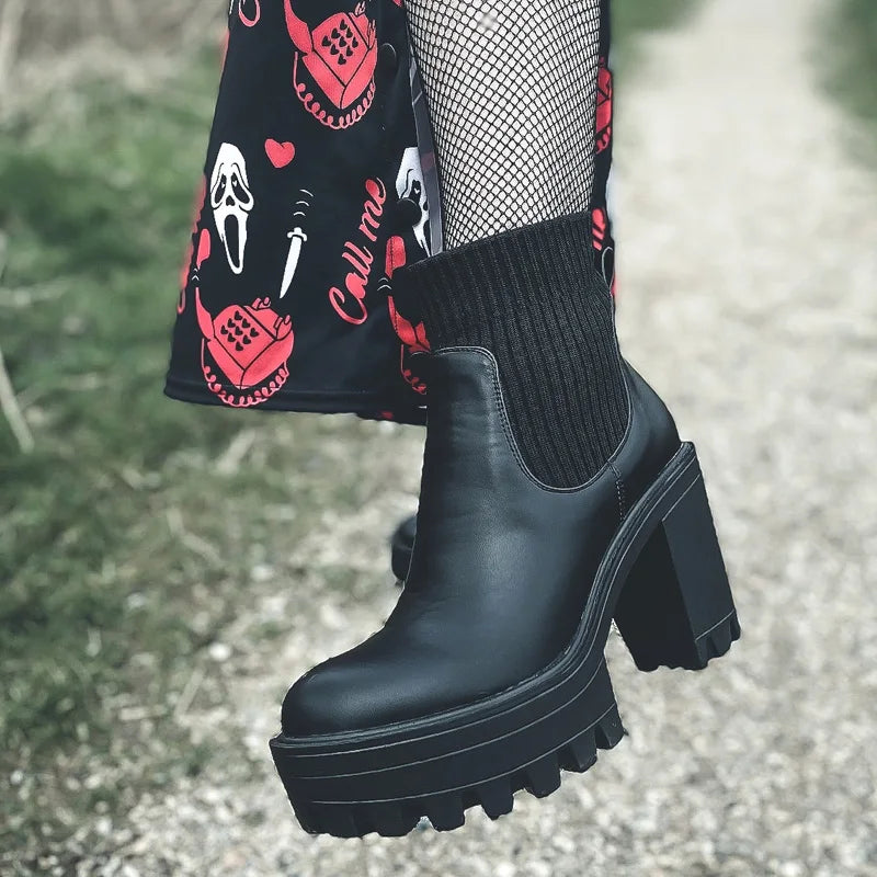 Women Slip-On Ankle Boots Platform Chunky High Heel Matte Black Soft PU Leather Sock Patchwork Boots