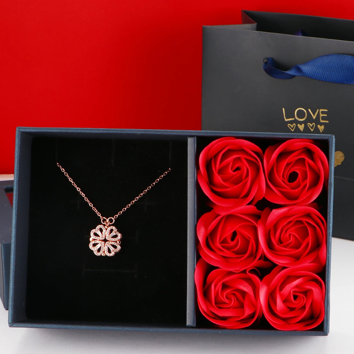 Luxury 6 Rose Box Four Leaf Clover Pendant Necklace for Women Crystal Heart Magnetic Necklaces Mother'S Day Gift