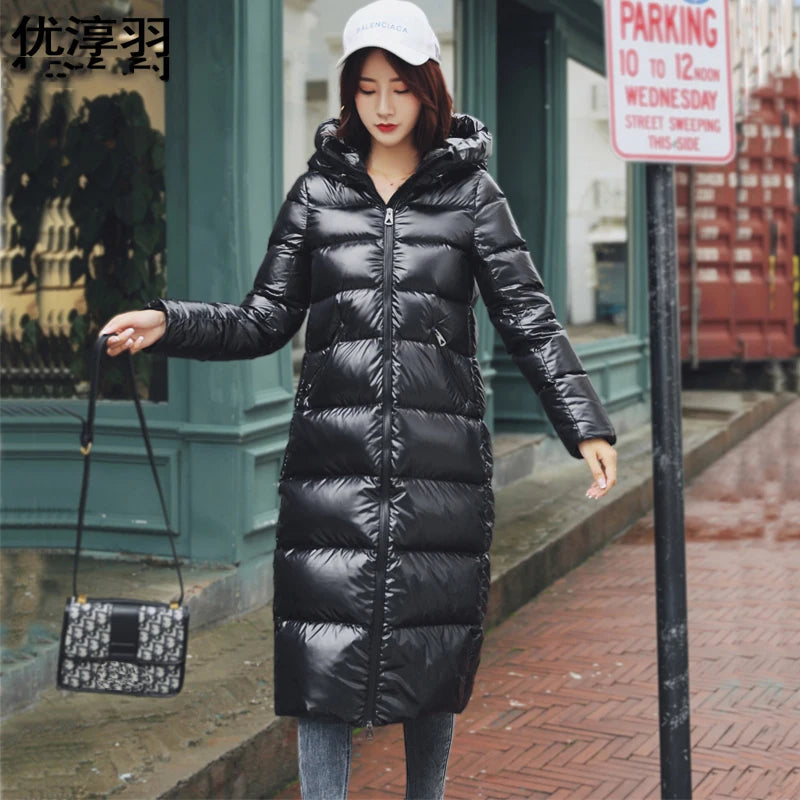 90% Thicken White Duck down Jackets Shiny Side Hooded Women Warm down Coats Long Slim plus Size Female down Outwear HK627