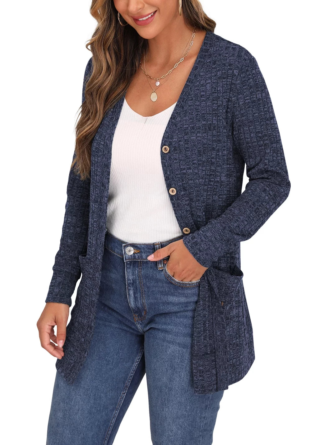 Open Front Cardigan for Women Button down Long Sleeve Draped Sweater Outerwear with Pocket