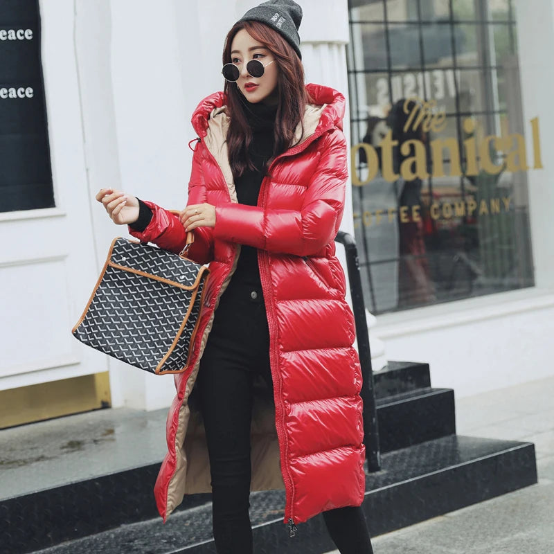 90% Thicken White Duck down Jackets Shiny Side Hooded Women Warm down Coats Long Slim plus Size Female down Outwear HK627