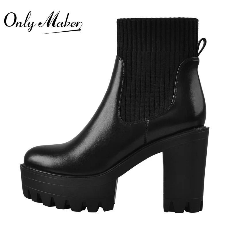 Women Slip-On Ankle Boots Platform Chunky High Heel Matte Black Soft PU Leather Sock Patchwork Boots