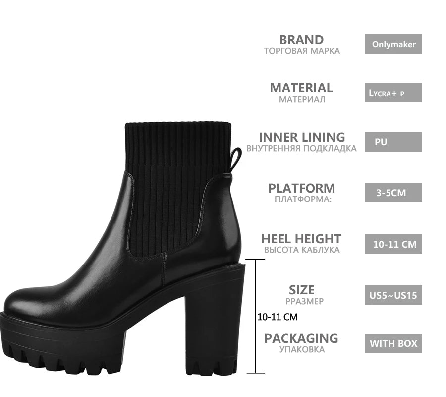 Women Slip-On Ankle Boots Platform Chunky High Heel Matte Black Soft PU Leather Sock Patchwork Boots