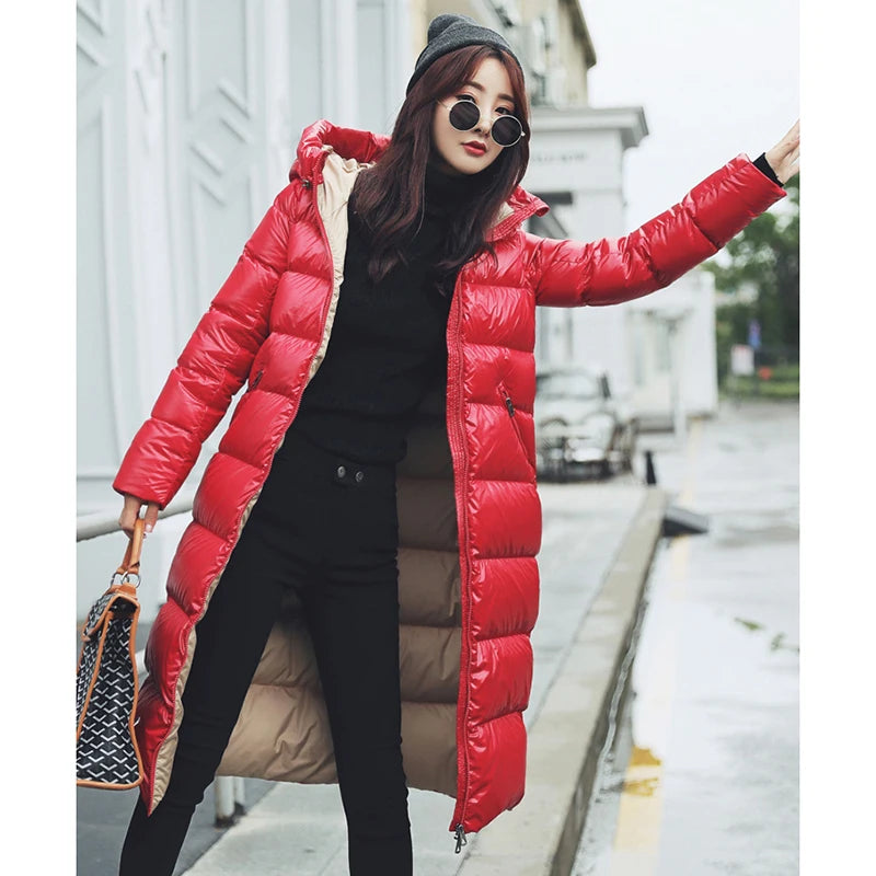 90% Thicken White Duck down Jackets Shiny Side Hooded Women Warm down Coats Long Slim plus Size Female down Outwear HK627